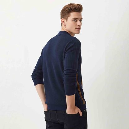 Men Polo Neck Striped Printed Full Sleeve T-shirt Navyblue