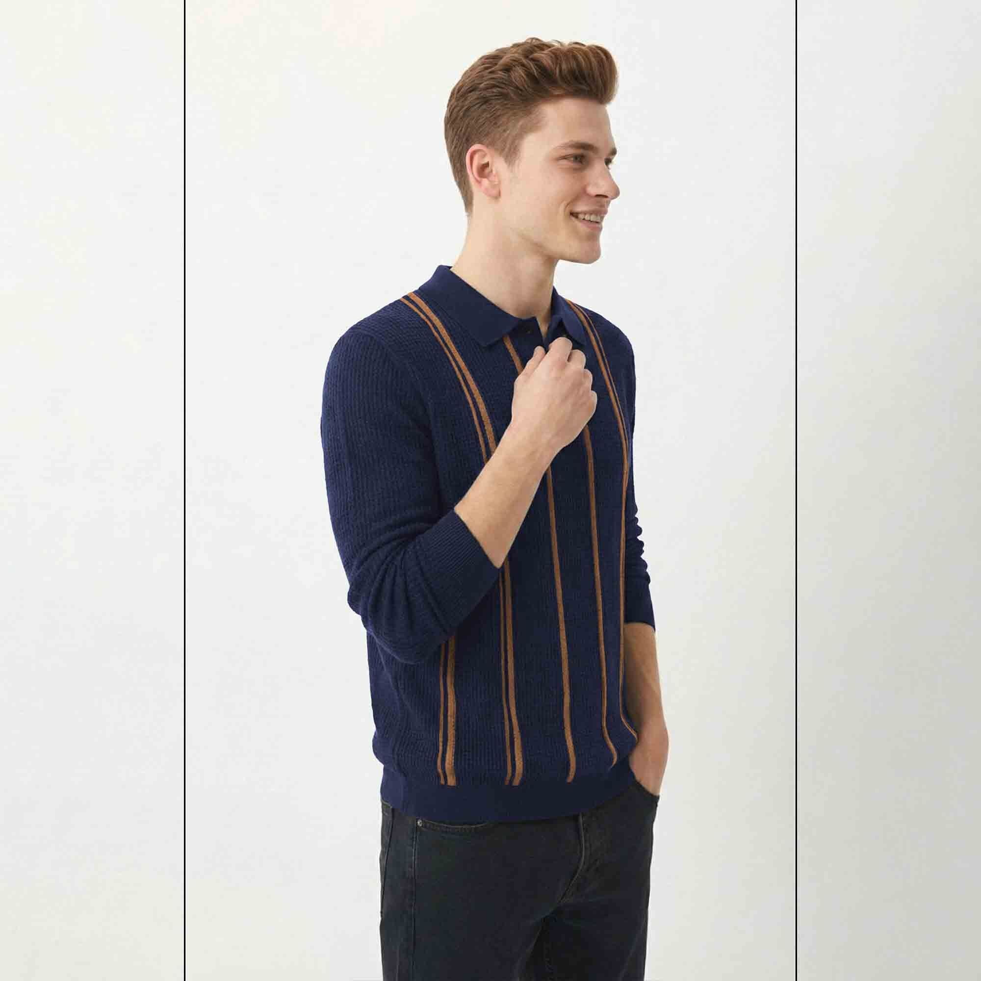 Men Polo Neck Striped Printed Full Sleeve T-shirt Navyblue