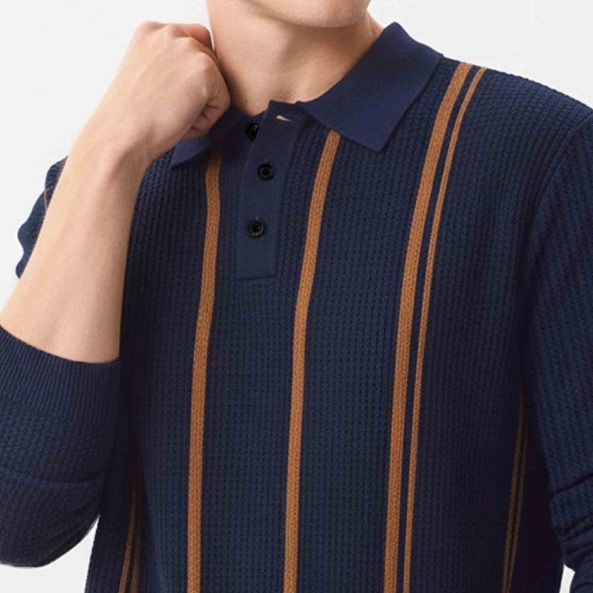 Men Polo Neck Striped Printed Full Sleeve T-shirt Navyblue