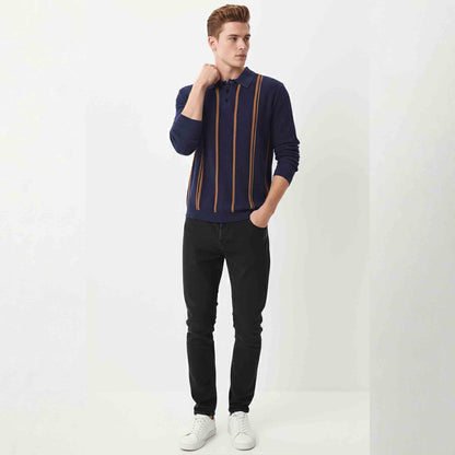 Men Polo Neck Striped Printed Full Sleeve T-shirt Navyblue