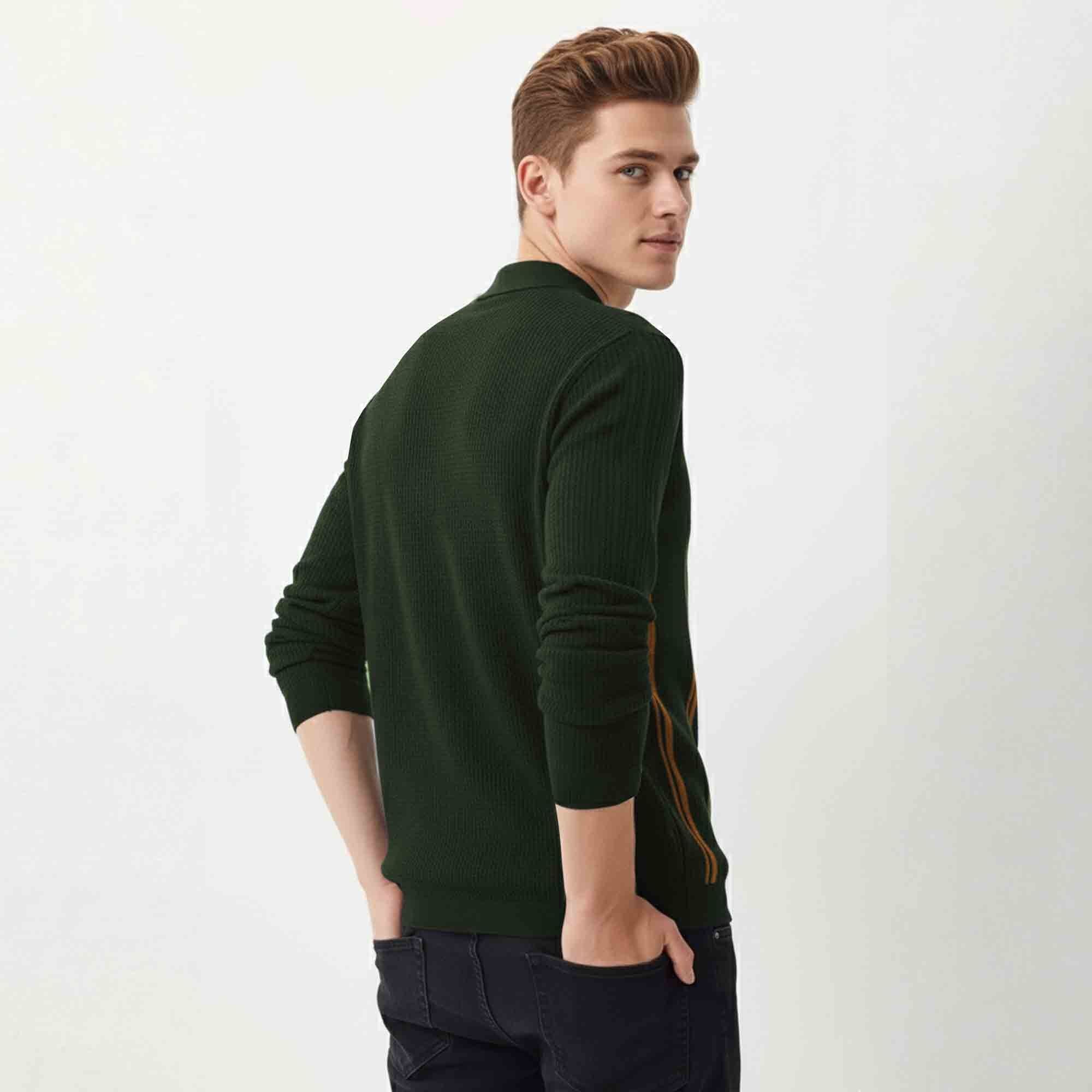 Men Polo Neck Striped Printed Full Sleeve T-shirt Olivegreen