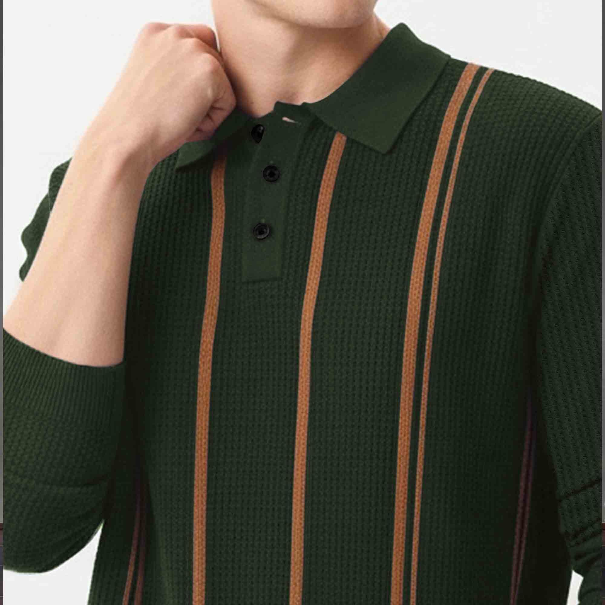 Men Polo Neck Striped Printed Full Sleeve T-shirt Olivegreen