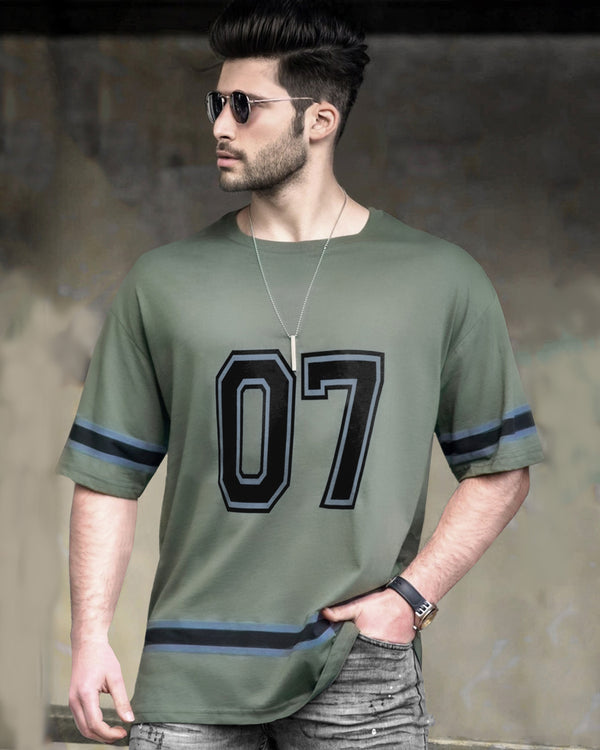 Olive Green Number Printed Oversized T-Shirt