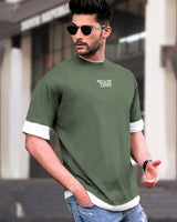 Men Olivegreen-white Drop Shoulder T-shirt