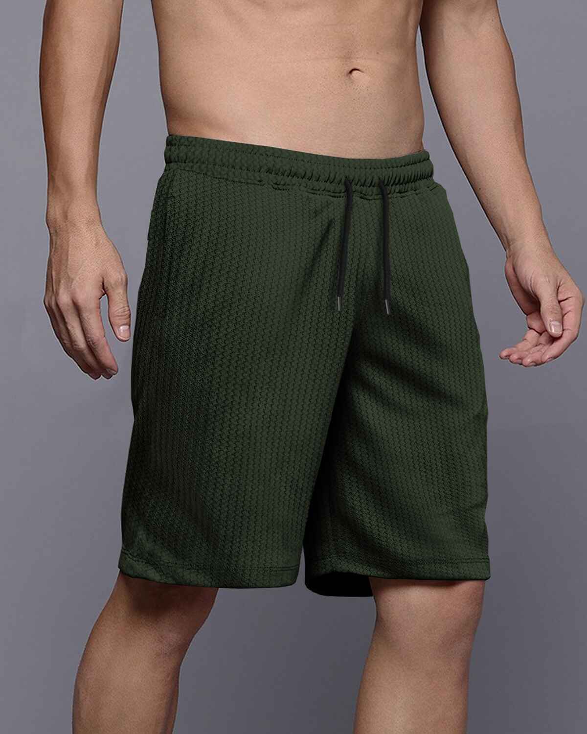Men Plain Olive Green Waffle Short
