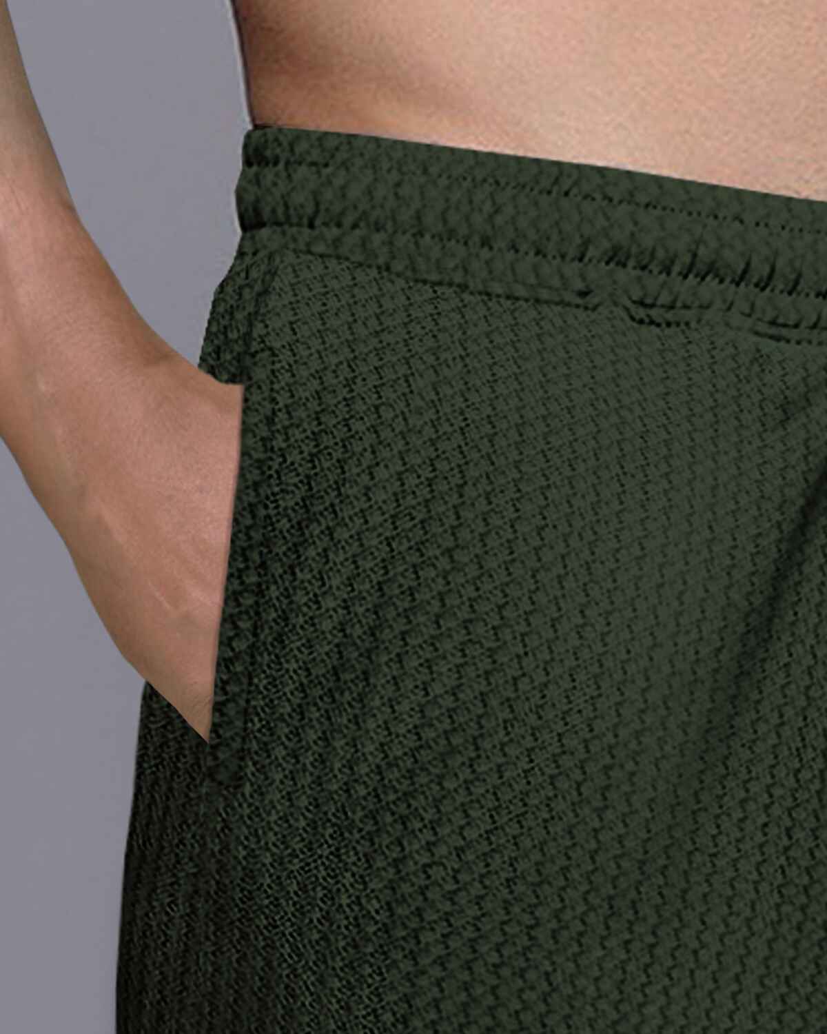 Men Plain Olive Green Waffle Short