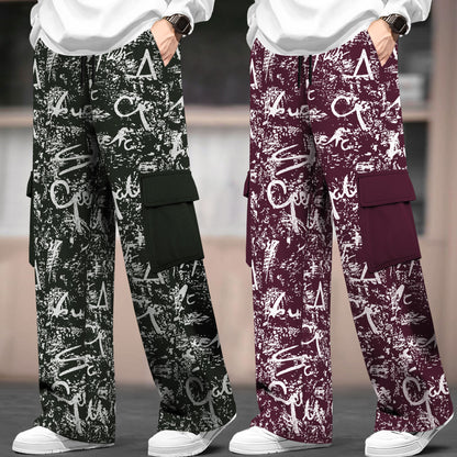 (Pack Of 2) Multi Pockets Loose Fit Printed Baggy Cargos