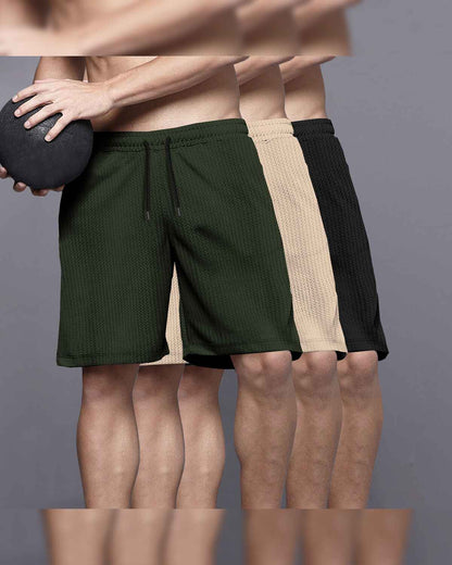 (Pack Of 3) Men Plain Olive-Beige-Black Waffle Shorts