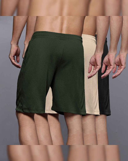 (Pack Of 3) Men Plain Olive-Beige-Black Waffle Shorts