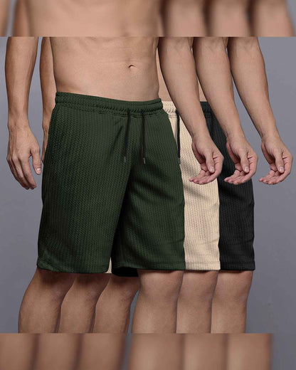 (Pack Of 3) Men Plain Olive-Beige-Black Waffle Shorts