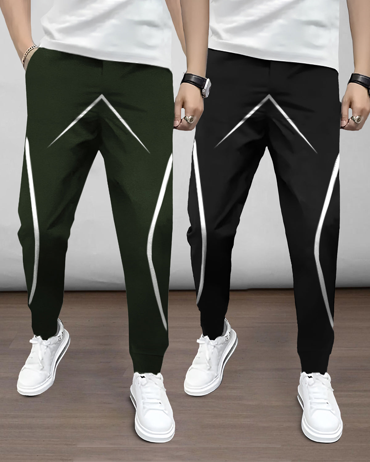 (Pack Of 2) Mens Printed Olive & Black Trackpants