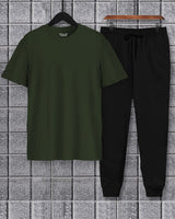 Mens Tracksuit - Half Sleeve Olive Green t-shirt / Black Trackpant