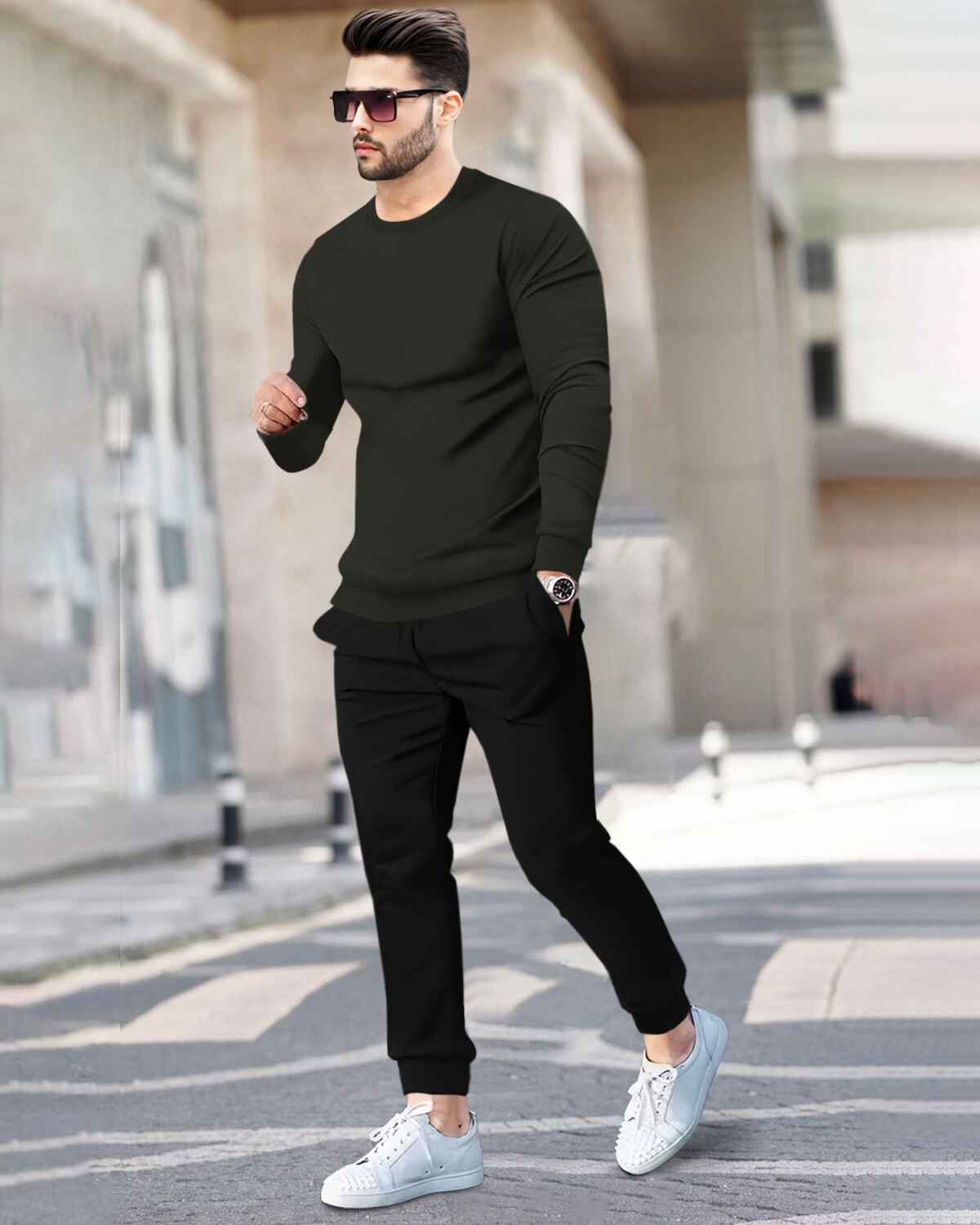 Mens Tracksuit - Full Sleeve Olive t-shirt / Black Trackpant