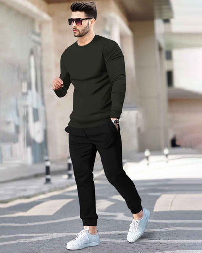 Mens Tracksuit - Full Sleeve Olive t-shirt / Black Trackpant