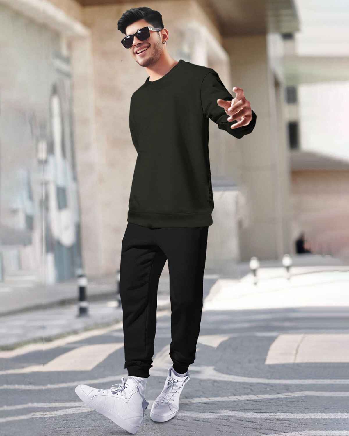 Mens Tracksuit - Full Sleeve Olive t-shirt / Black Trackpant