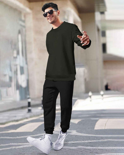Mens Tracksuit - Full Sleeve Olive t-shirt / Black Trackpant