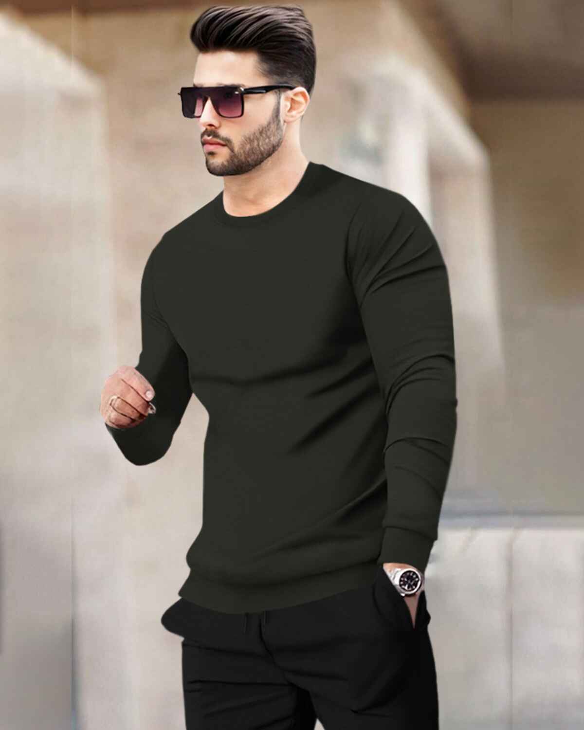 Mens Tracksuit - Full Sleeve Olive t-shirt / Black Trackpant