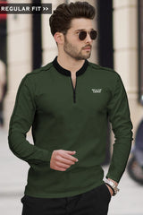 Men Mandarin Collar Long Sleeve Olive Green T-Shirt