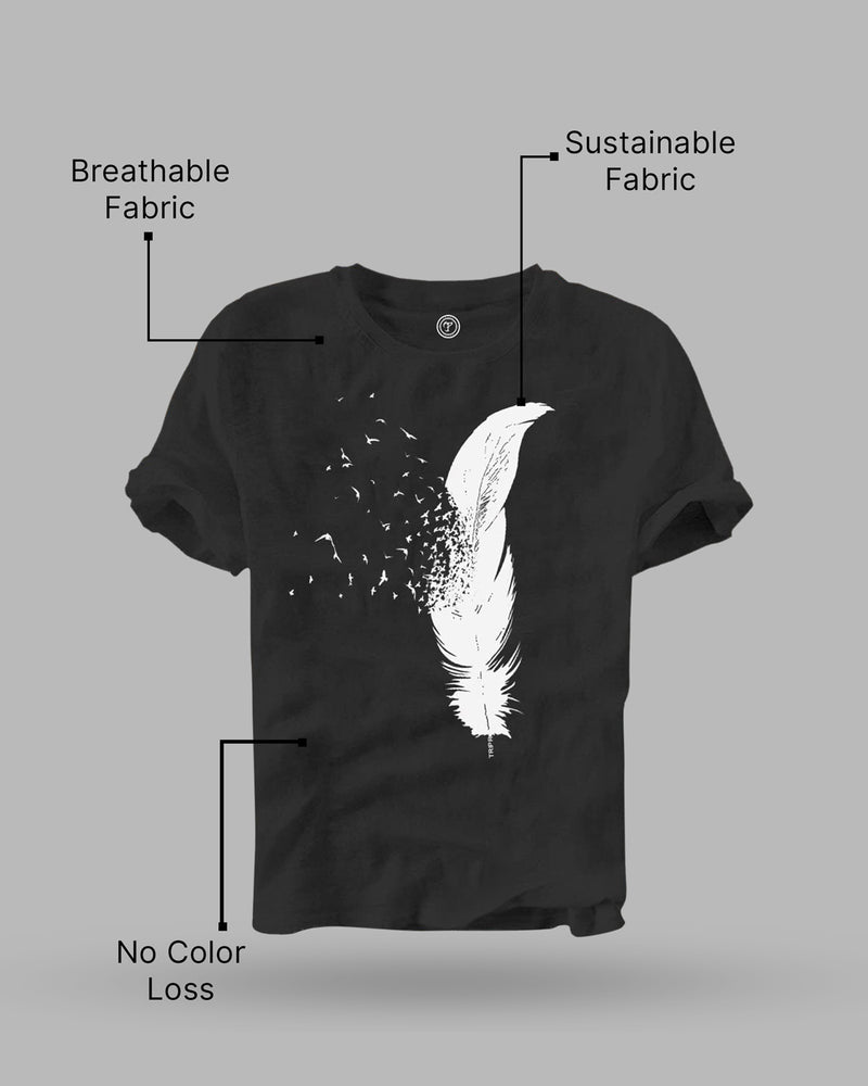 Men Feather Printed Black Half Sleeve Round Neck T-shirt