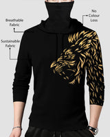 Men Black Lion Printed Hooded Mask T-shirt
