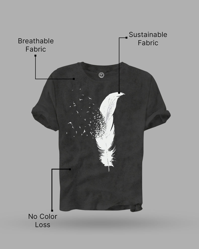 Men Feather Printed Half Sleeve Charcoal Black T-shirt