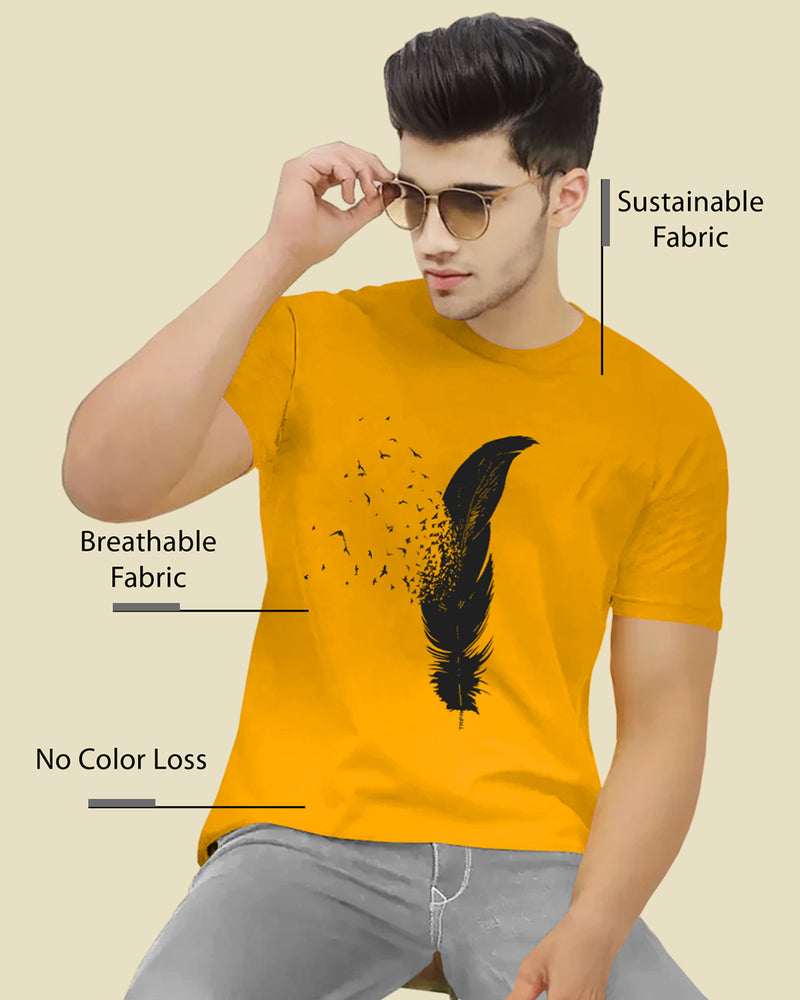 Men Feather Printed Half Sleeve Yellow T-shirt