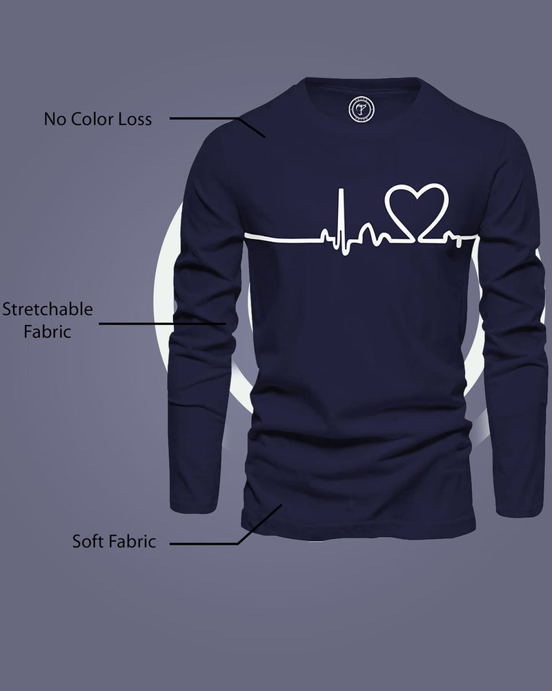 Heartbeat Print Full Sleeve Navy Blue Men's T-shirt