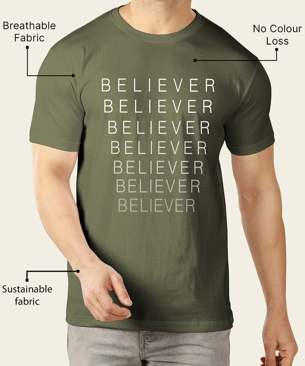 Half Sleeve Olive Green "Believe" Printed T-shirt