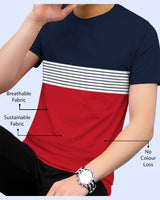 Men Navy Blue Red Half Hand Round Neck Striped T-shirt