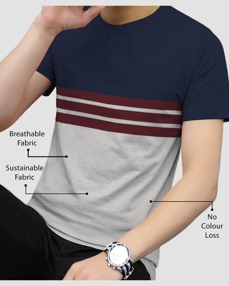 Men Navy Blue Grey Half Hand Round Neck Striped T-shirt