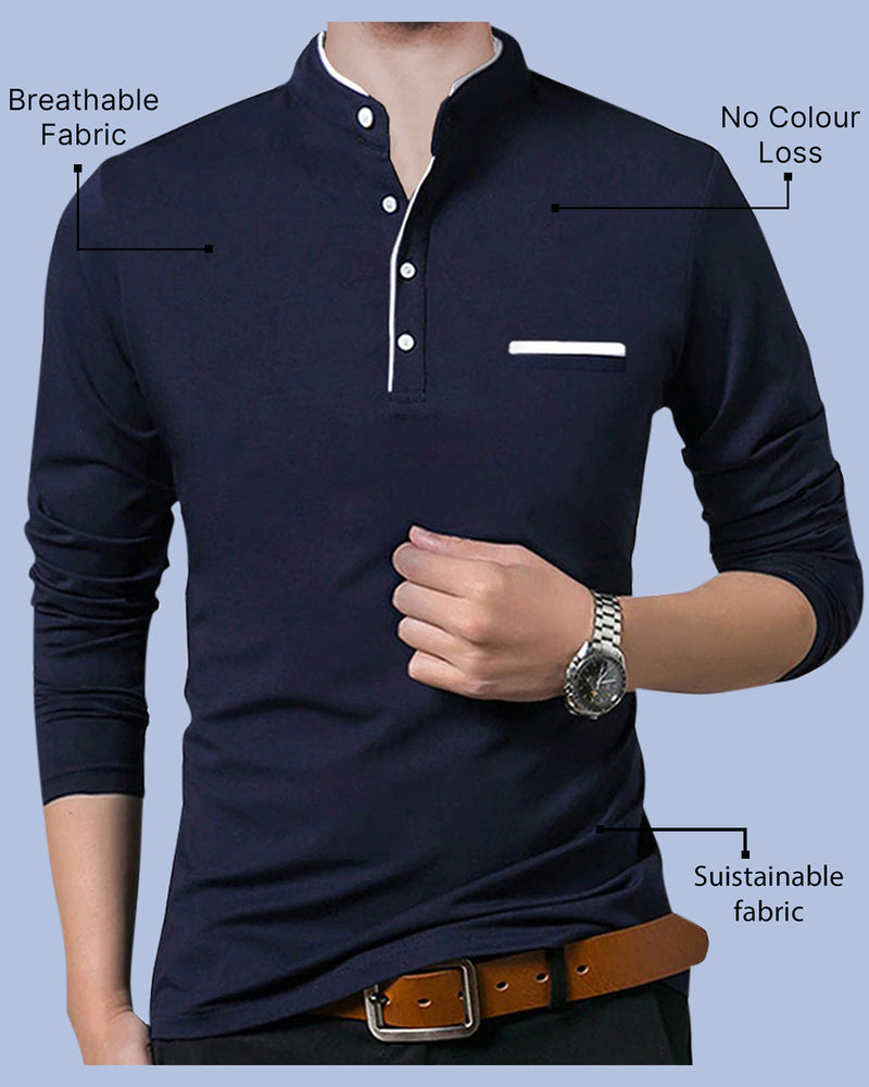 Buy Men Solid Navy Blue White Piping Henley Full Sleeve T-shirt Online ...