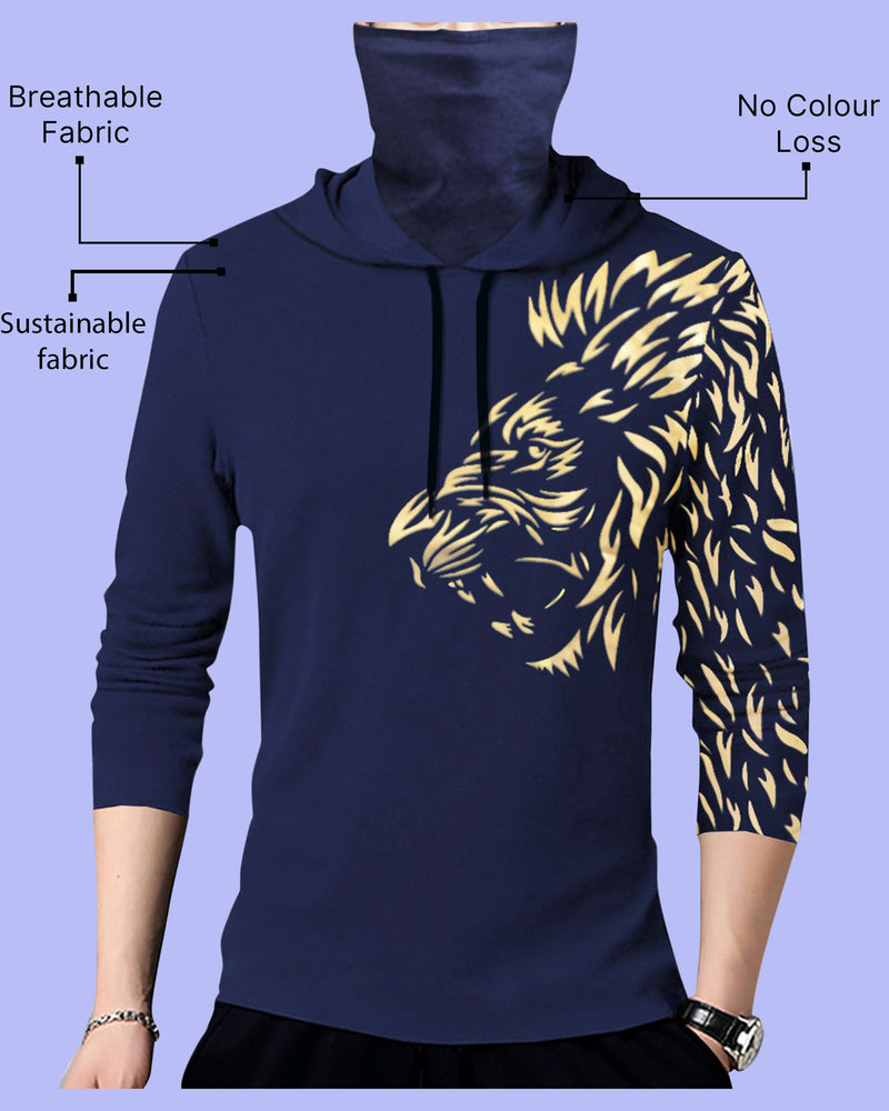 Men Navy Blue Lion Printed Hooded Mask T-shirt