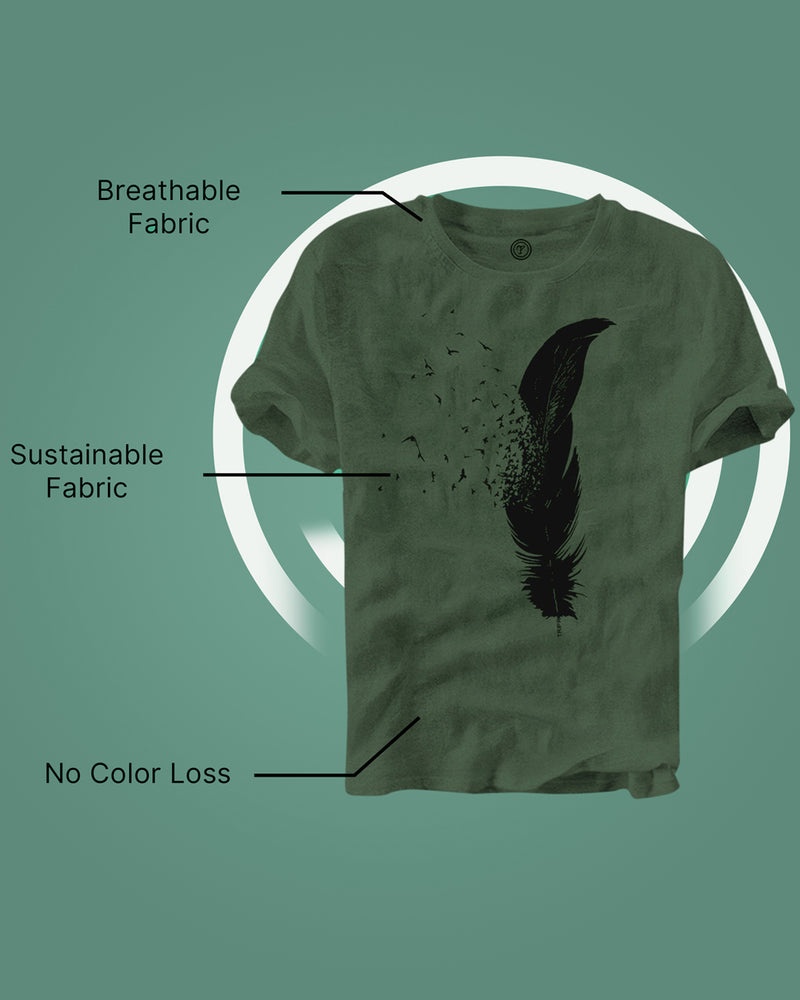 Men Feather Printed Half Sleeve Green T-shirt