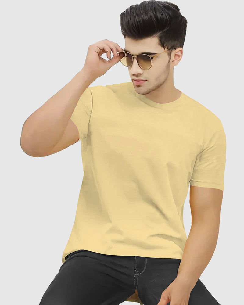 Men Round Neck Beige Plain T-shirt