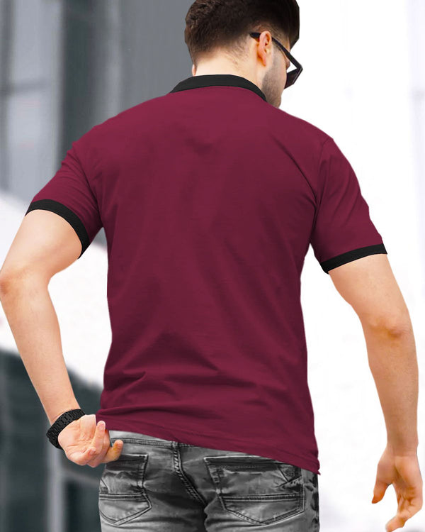 Men Polo Black Contrast Maroon Zip Collar T-shirt