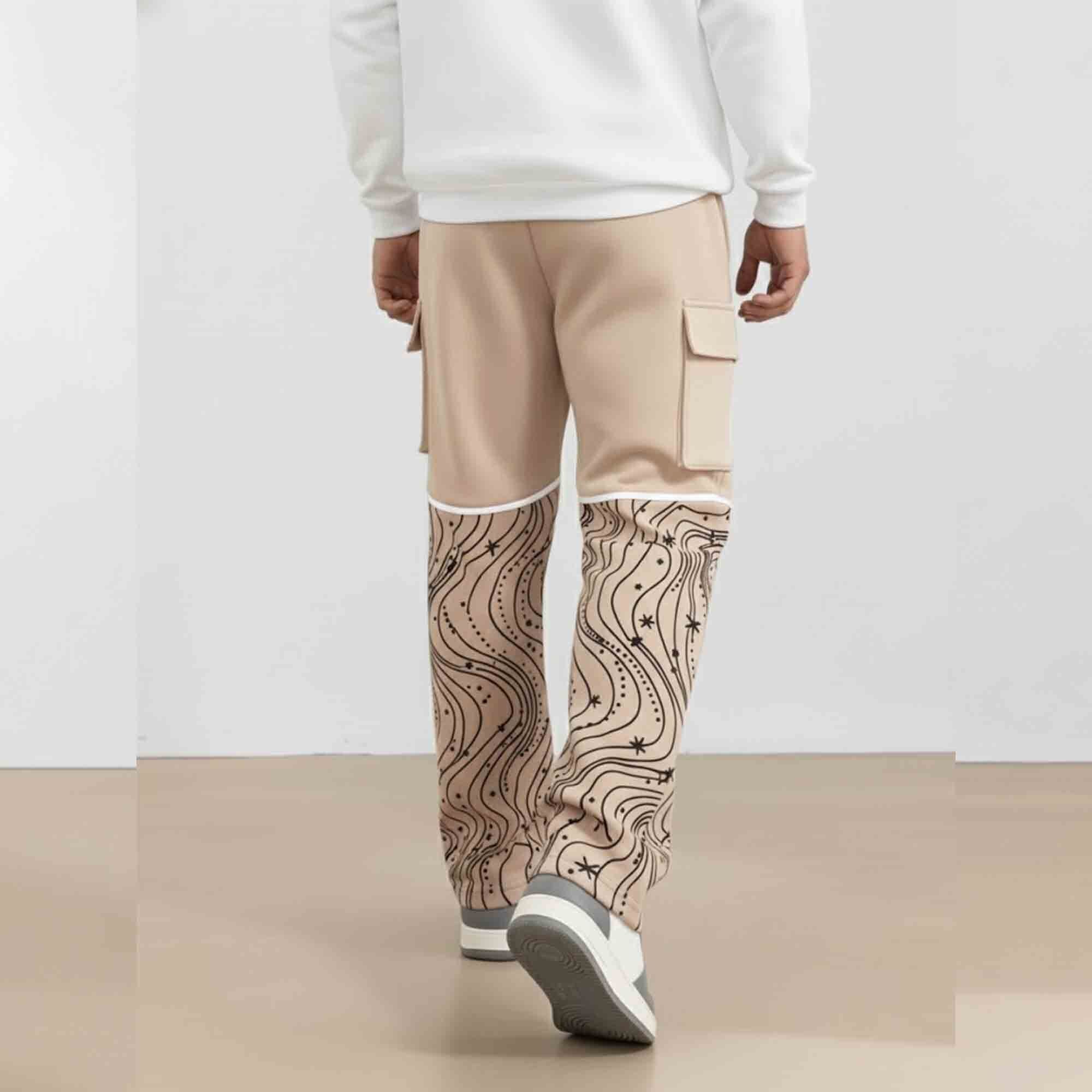 Men Multi Pockets Designing Printed Baggy Cargo Beige