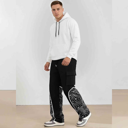 Men Multi Pockets Designing Printed Baggy Cargo Black