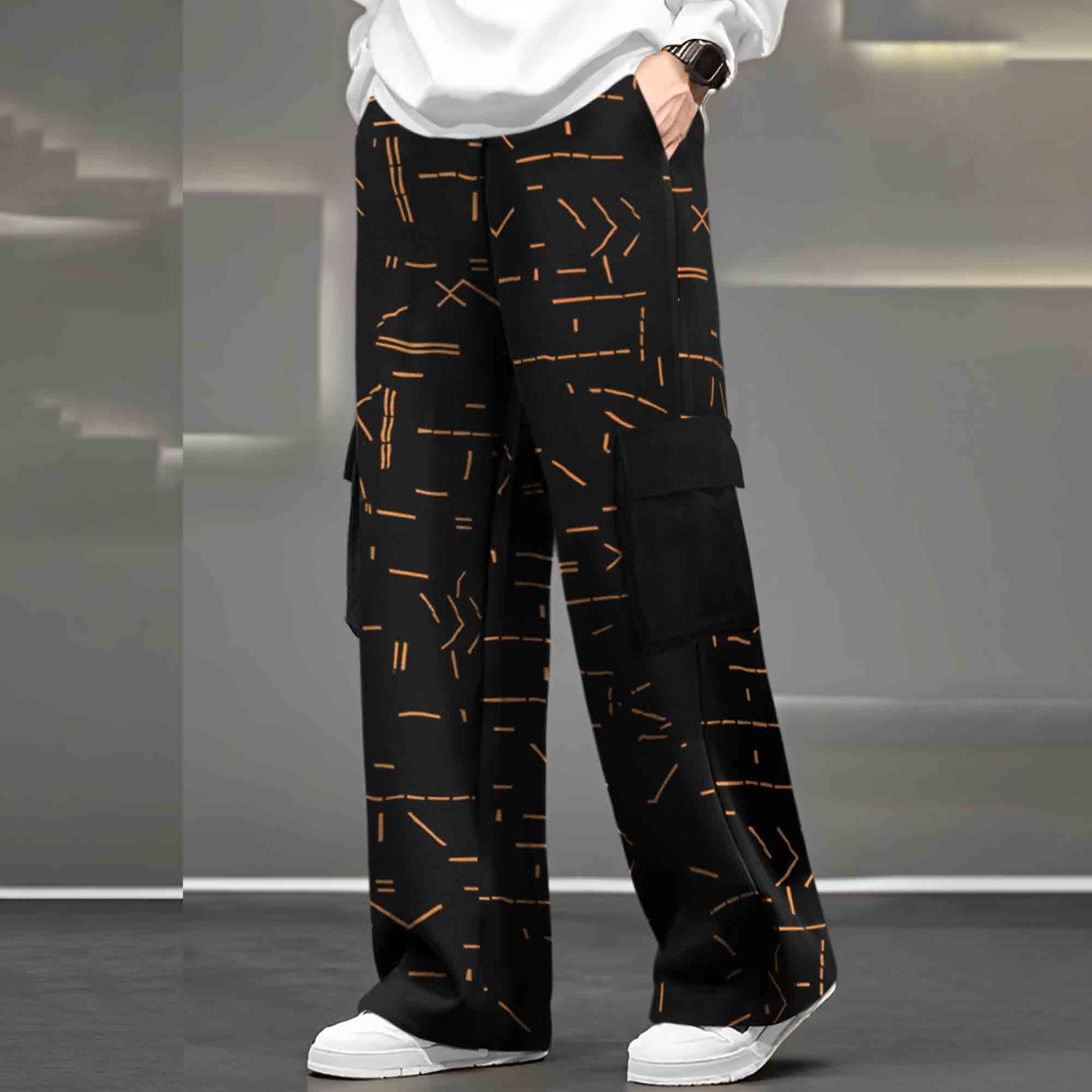 Mens Multi Pockets All Over Printed Baggy fit Black Oversized Cargo Jogger