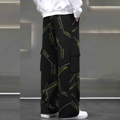 Mens Multi Pockets All Over Printed Baggy fit oversized Black Cargo Jogger