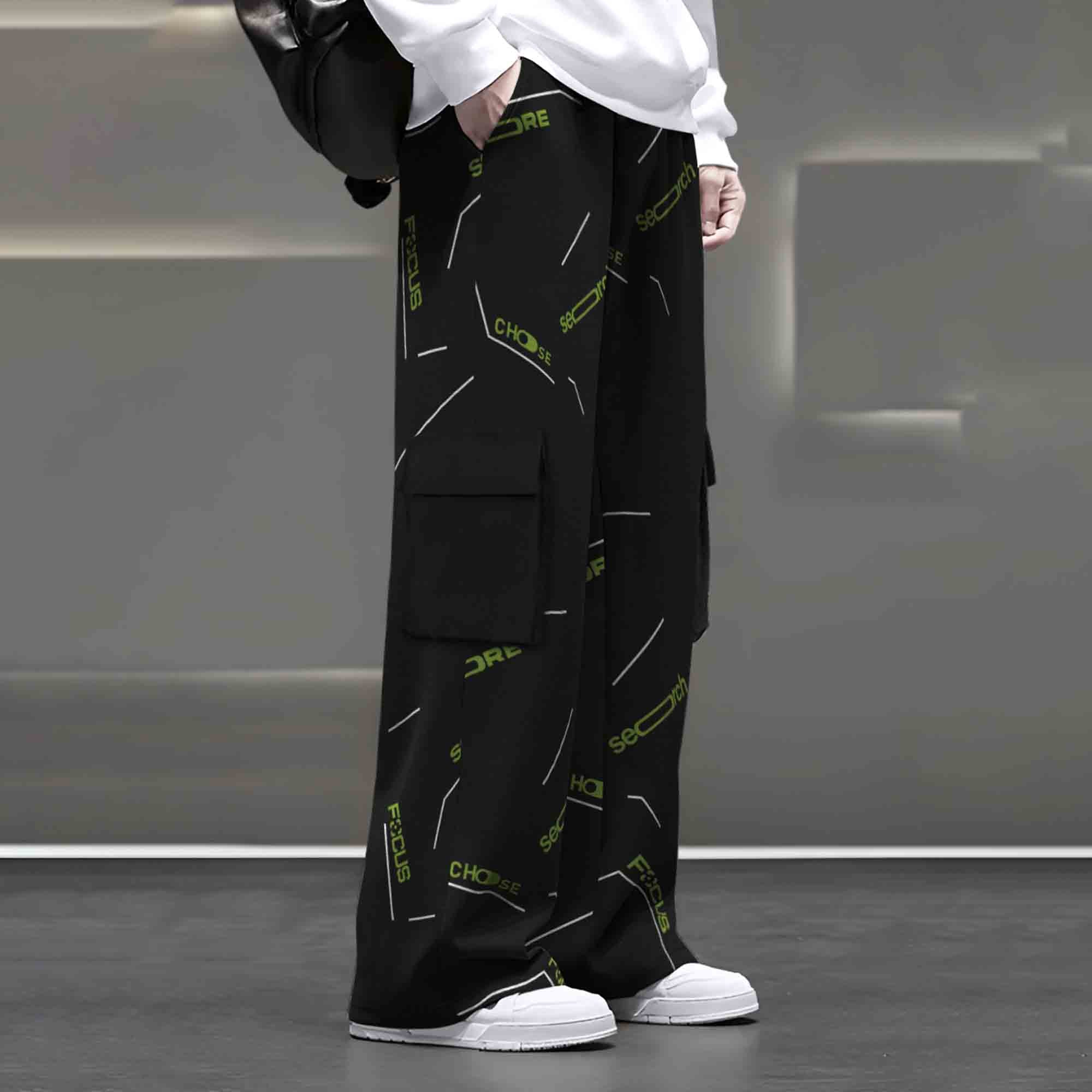Mens Multi Pockets All Over Printed Baggy fit oversized Black Cargo Jogger