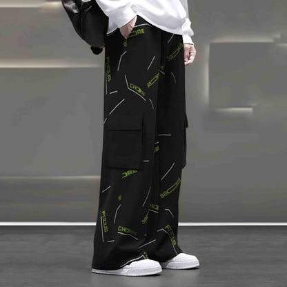 Mens Multi Pockets All Over Printed Baggy fit oversized Black Cargo Jogger
