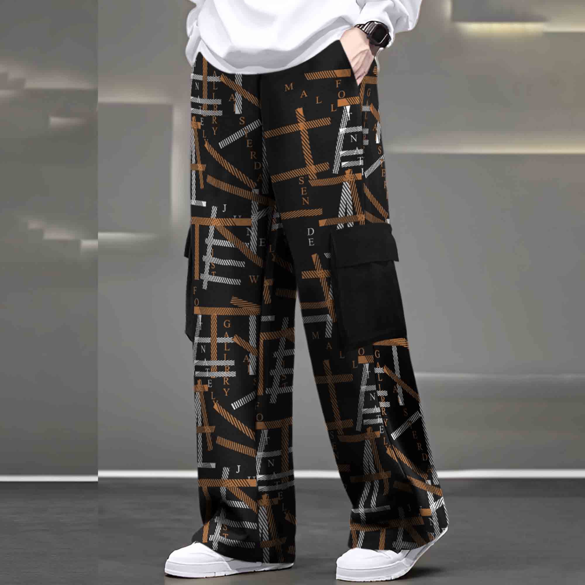 Mens Multi Pockets All Over Printed Baggy fit oversized Black & Brown Cargo Jogger