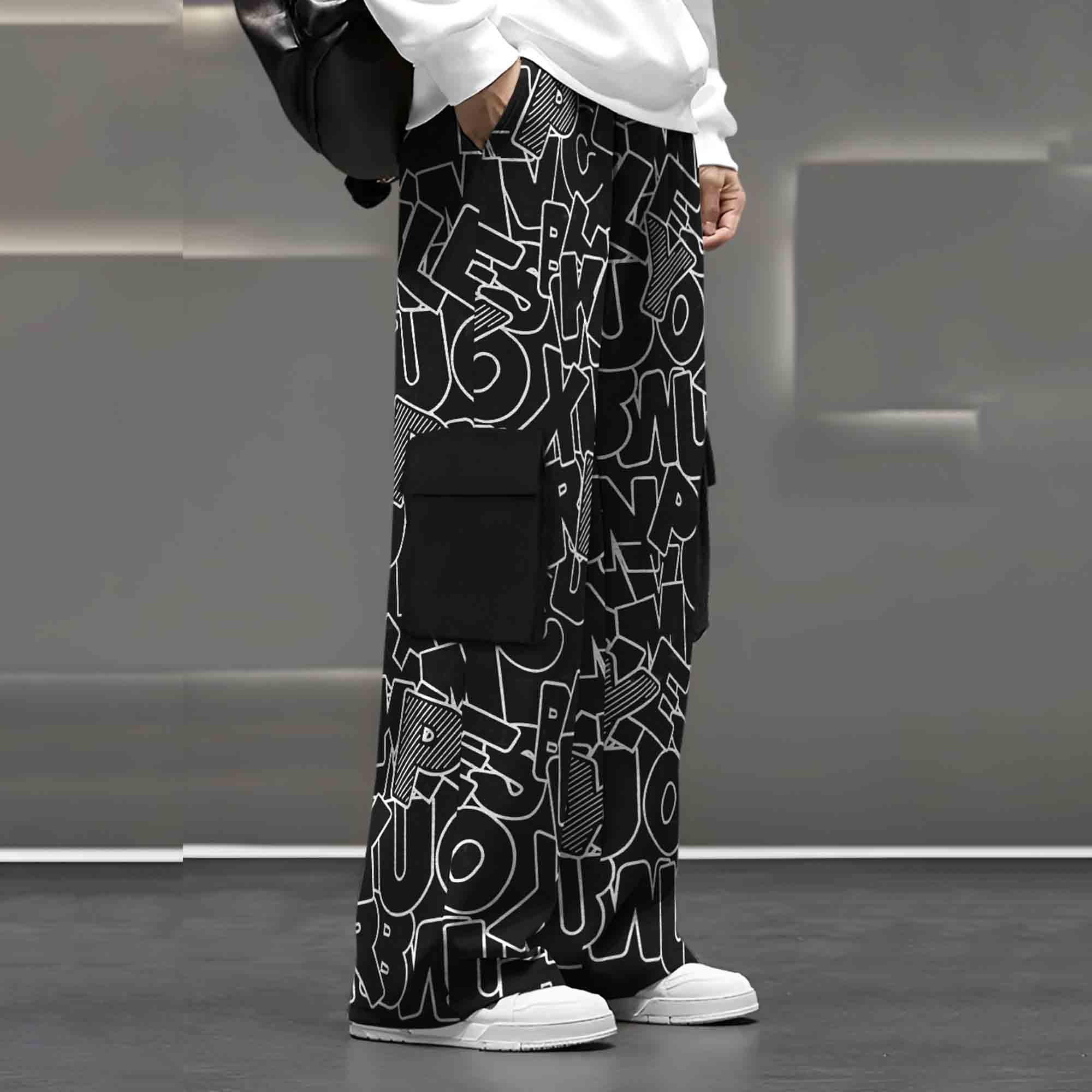 Mens Multi Pockets All Over Printed Baggy fit oversized Black Cargo Jogger