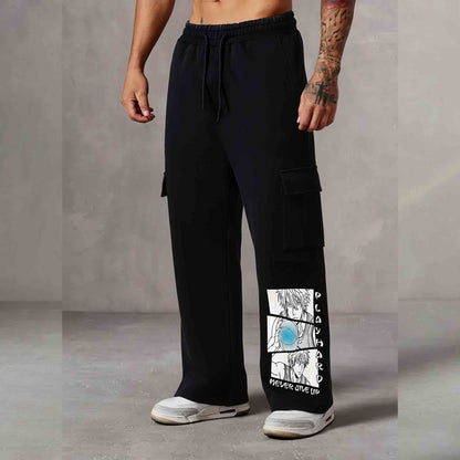 Men Multi Pockets Anime Printed Baggy Cargo Black