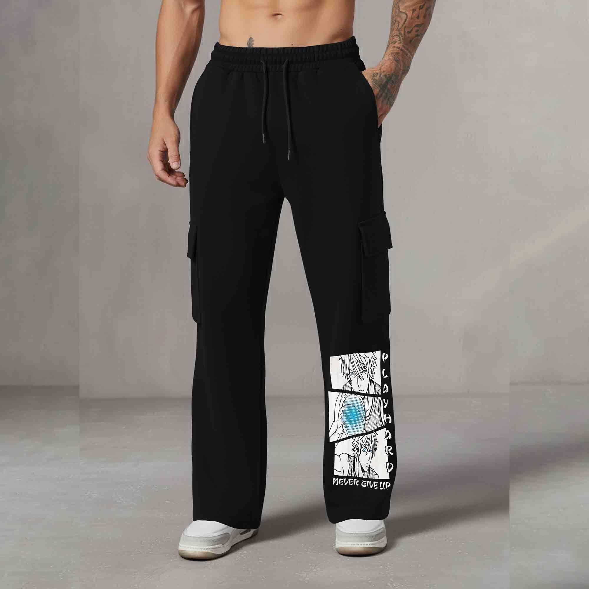 Men Multi Pockets Anime Printed Baggy Cargo Black