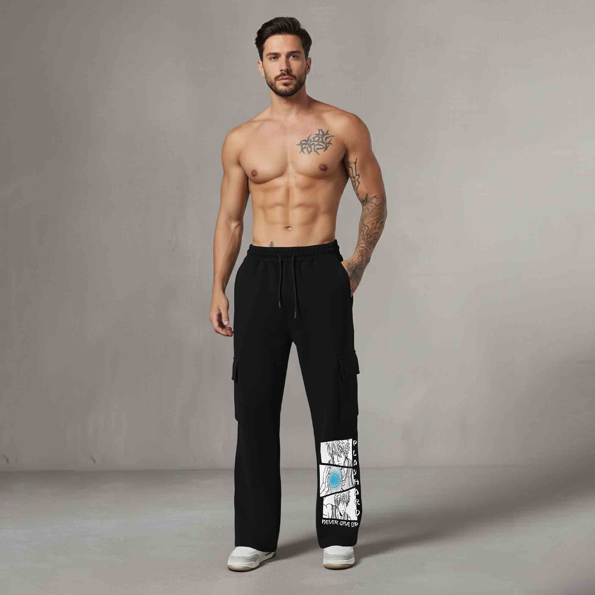 Men Multi Pockets Anime Printed Baggy Cargo Black