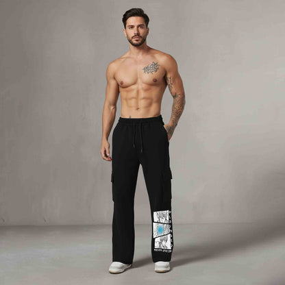 Men Multi Pockets Anime Printed Baggy Cargo Black