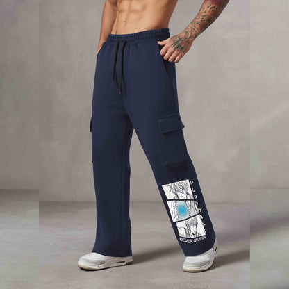 Men Multi Pockets Anime Printed Baggy Cargo Navyblue