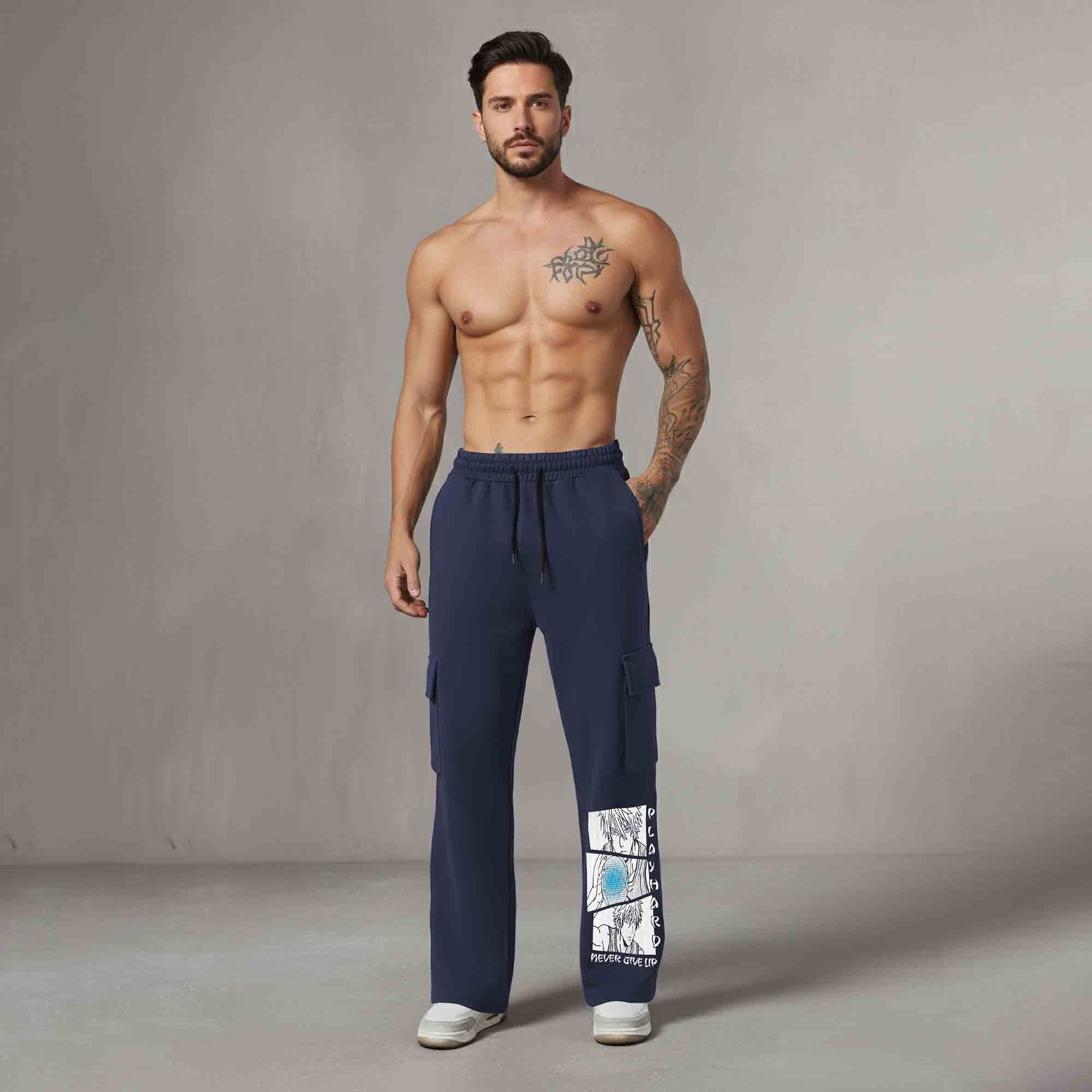 Men Multi Pockets Anime Printed Baggy Cargo Navyblue