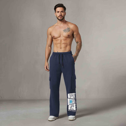 Men Multi Pockets Anime Printed Baggy Cargo Navyblue